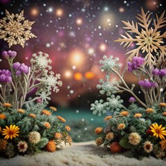 A festive winter scene with snowflakes, flowers, and a magical bokeh background, creating a whimsical and enchanting atmosphere for the holiday season
