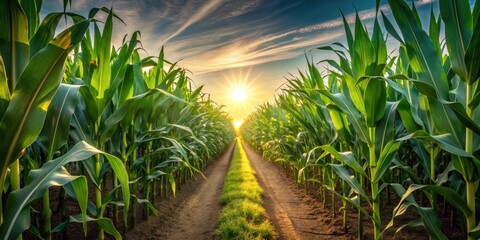 Obraz premium A sunlit path meanders through a vibrant field of healthy corn plants, showcasing the beauty of agricultural abundance at sunset.