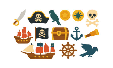 Pirate adventure flat icon set. treasure maps, ships, skulls, and more icons collection