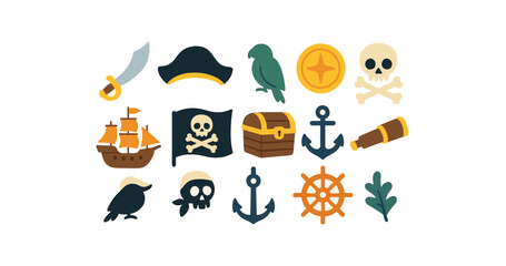 Pirate adventure icon set. nautical, treasure, skull and crossbones icons flat style