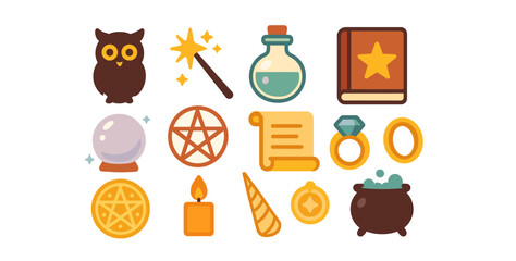 Magic, fantasy flat icon set. witchcraft, spell, wizardry symbols collection