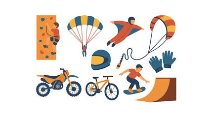 Naklejka premium Extreme sports flat icon set. parachuting, skateboarding, biking, and adventure icons collection