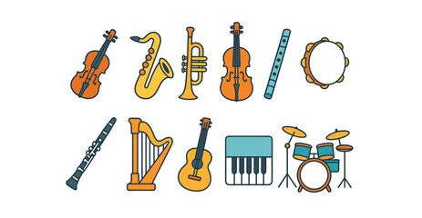Music instruments flat icon set. orchestra, band symbols in flat style collection