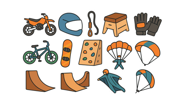 Extreme sports flat icon set. motocross, climbing, skateboarding, and parachuting icons collection