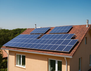 Fototapeta premium Solar panels on modern house roof, renewable energy concept.