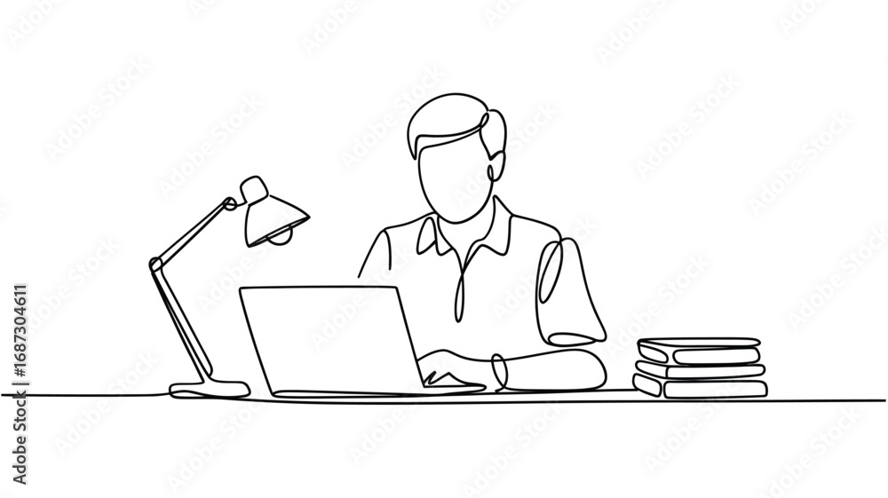 Poster man working on laptop at desk with lamp and books in simple line art style