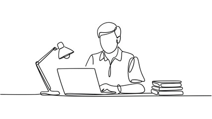 Man working on laptop at desk with lamp and books in simple line art style