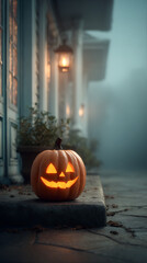halloween jack-o-lantern night photo: Spooky Halloween Jack-o'-Lantern Glowing on Porch in Foggy Night  with glowing pumpkin and spooky atmosphere, ideal for holiday promotions, seasonal ads, and eer…