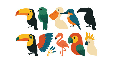 Obraz premium Bird silhouette icon set. toucan, parrot, flamingo silhouettes in a flat style