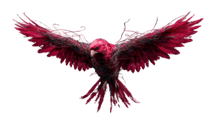 Abstract Red Bird with Wire Accents Isolated on Black - Conceptual Art Piece of a Crimson Avian with Intricate Detail and Dramatic Lighting