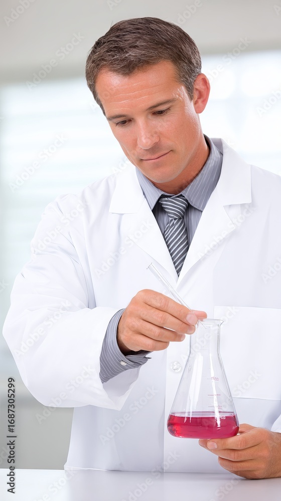 Poster male scientist in a white lab coat carefully adding a reagent to a flask containing pink liquid, sho