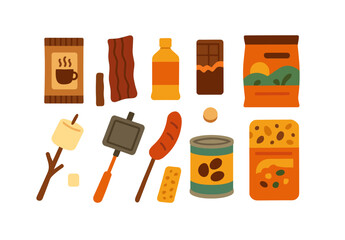 Camping essentials flat icon set. cooking, food, outdoor gear icons collection