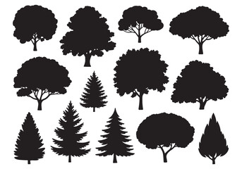 Diverse tree silhouettes collection natural woodland elements for design projects white background