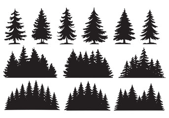 Fototapeta premium Collection of silhouette pine and fir trees for nature forest landscapes and winter scenes white background