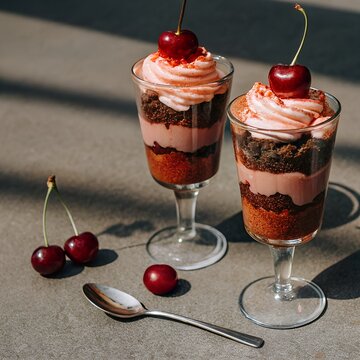 Two delicious cherry parfaits with whipped cream and fresh cherries