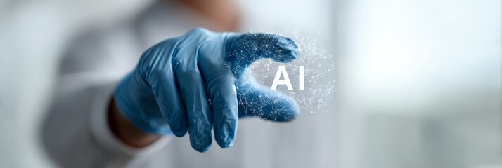Medical professional manipulating digital ai network with blue medical gloves, representing technological advancement connecting healthcare innovation and digital transformation
