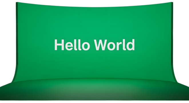 Modern green banner with "Hello World" text for digital marketing and tech presentations, a great backdrop for welcoming global audiences online