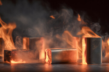 Glowing rectangular fuel blocks burning brightly in smoke and fire