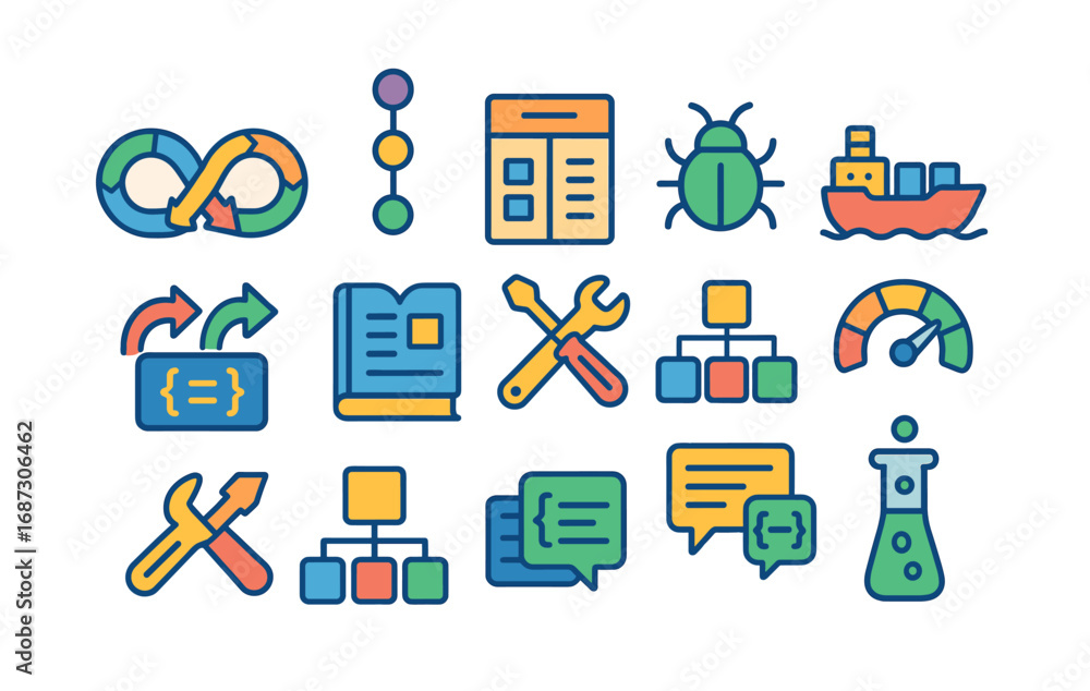 Poster technology, software development flat icon set. coding, bug, tool icons flat collection