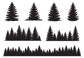 Obraz premium Collection of pine tree silhouettes set for outdoor nature landscape design elements white background