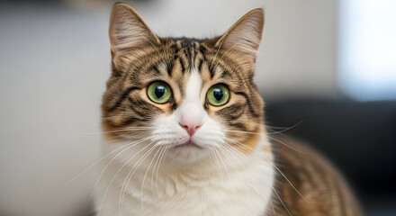 Fototapeta premium Close-up portrait of a curious tabby cat with striking green eyes and detailed fur patterns