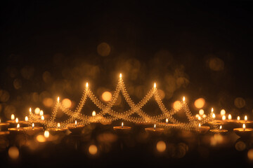 Fototapeta premium Diyas forming Durga’s crown with golden glow and dark background for brand message. 