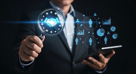 Capturing the essence of a fintech or investment concept, this visual shows the decisive moment of finalizing a business deal with a futuristic touch.