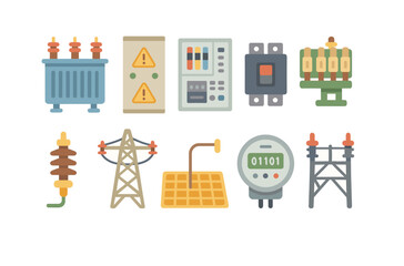 Electricity and power flat icon set. energy, infrastructure, utility vector collection