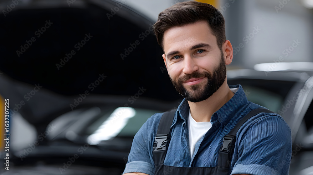 Poster a professional mechanic in uniform smiling while standing in front of a vehicle in an automotive rep