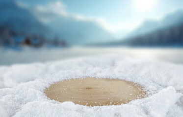Empty copy space on fresh snow with background of frozen winter mountains and clear blue sky on sunny day. Concept of winter holidays, seasonal product placement, cold weather and mountain nature.