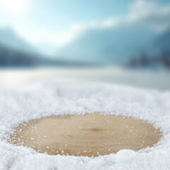 Empty copy space on fresh snow with background of frozen winter mountains and clear blue sky on sunny day. Concept of winter holidays, seasonal product placement, cold weather and mountain nature.