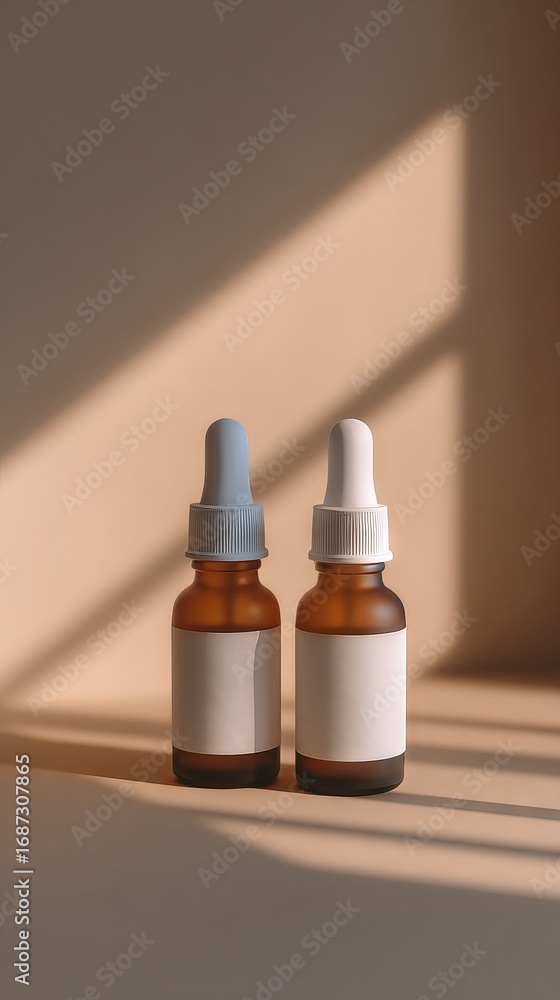 Poster Two amber glass dropper bottles with blank labels are positioned on a soft beige surface, illuminated by natural light creating gentle shadows and a serene atmosphere
