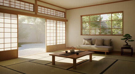 Serene Japanese Interior with Garden View and Tea Table, a Peaceful Retreat Space