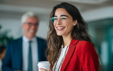 a young businesswoman with dark brown hair and glasses, wearing a red blazer, smiles while holding a coffee cup. she is talking to an older man in a suit,