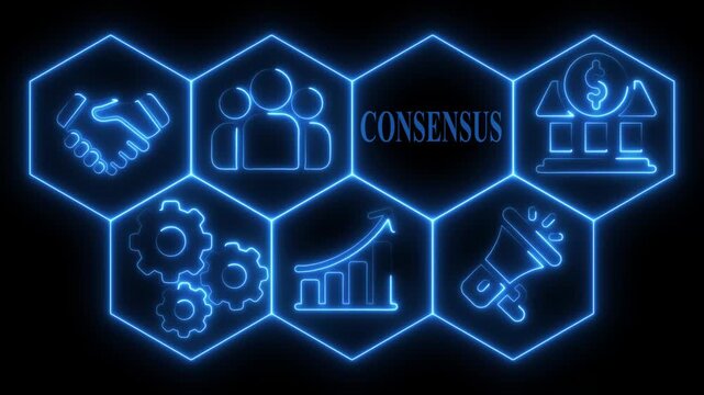 Neon consensus icons illustrating business concepts of teamwork and growth on black background