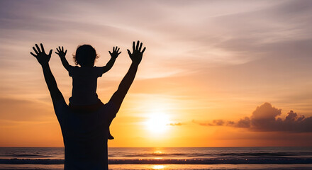 Fototapeta premium Silhouette of father and child raising hands in the air against beautiful sunset sky embodying