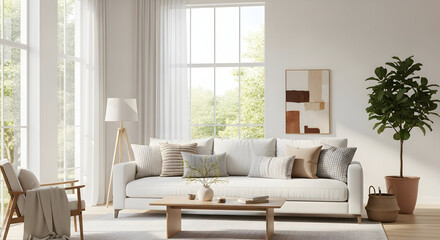 Elegant living room interior with a comfortable white sofa and natural light creating a serene