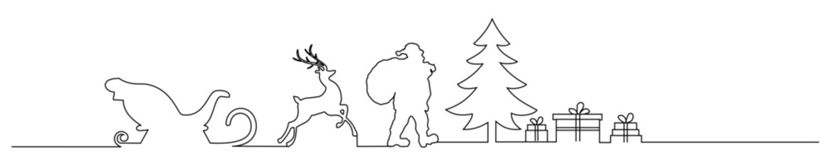 line art of santa claus ornaments, gifts, and christmas trees