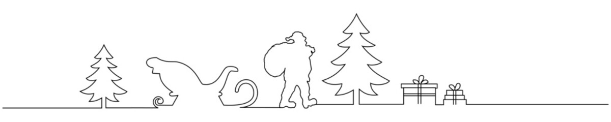 line art of santa claus ornaments, gifts, and christmas trees