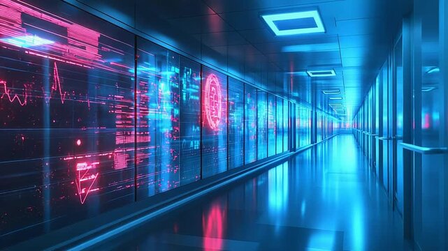 Futuristic corridor showing programming code and brain activity in datacenter
