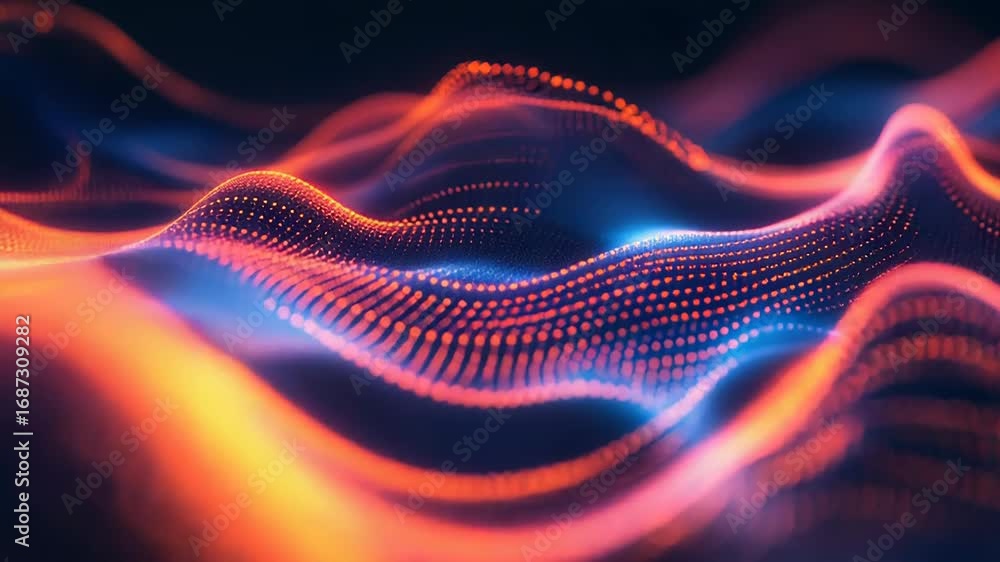 Poster abstract red and blue particle waves flowing on dark background
