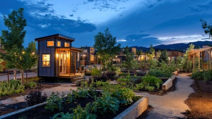 Obraz premium Focused medium view of garden beds beside a tiny house at dusk distant tiny homes softened in background showcasing green spaces within tinyhouse neighborhoods.