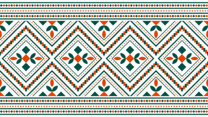 Aztec ethnic seamless pattern green and red. Vector ethnic illustration. Illustration for fabric print, background, tribal, ethnic.