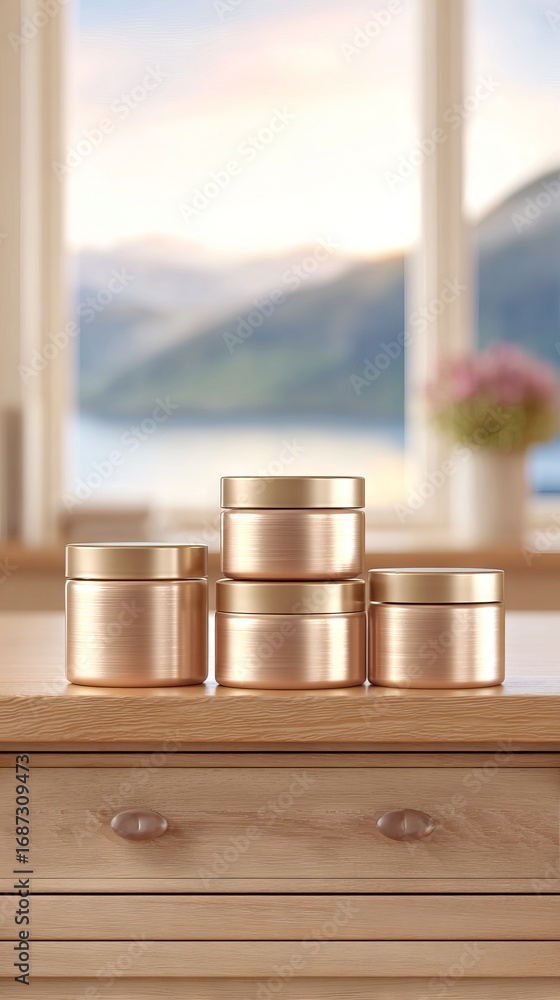 Poster set of four elegant metallic containers with golden lids arranged on a wooden table, showcasing a se