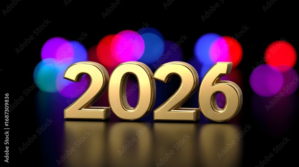 Poster vibrant and futuristic image featuring large golden numbers '2026' set against a backdrop of multico