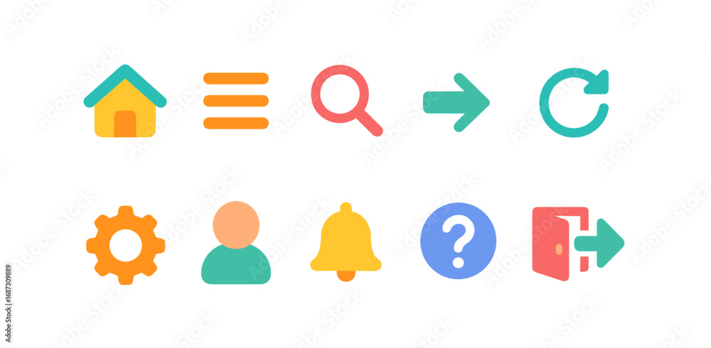 Poster interface, navigation flat icon set. essential app, website, user interface graphics
