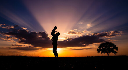 Fototapeta premium Silhouette of a father holding his child aloft against a stunning sunset backdrop capturing love