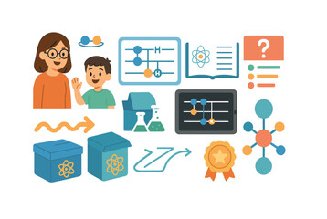 Science education flat icon set. learning, chemistry, and teaching illustrations.
