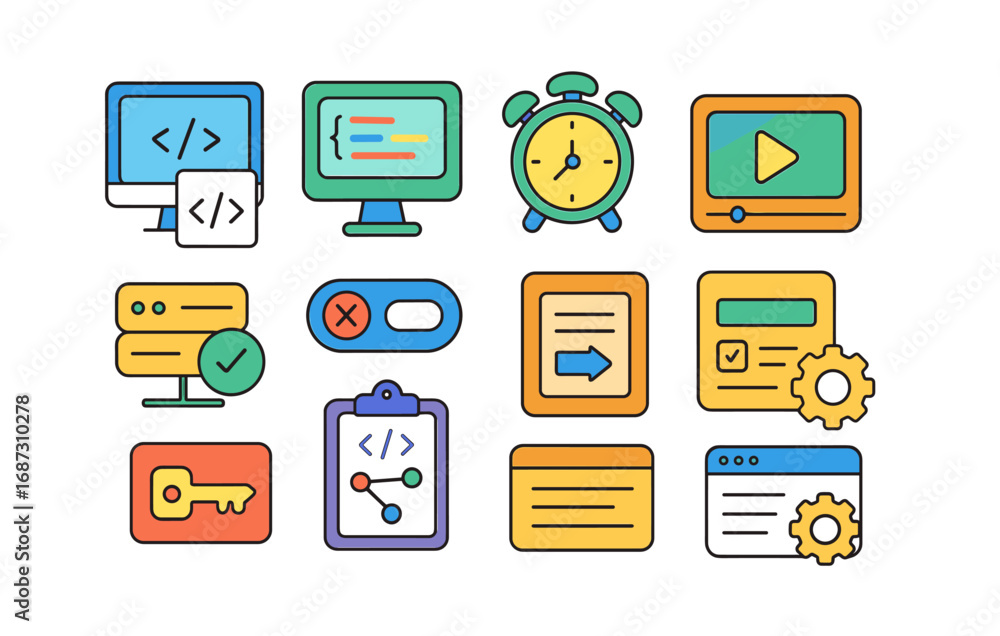 Poster technology and web development icon set. colorful flat style collection