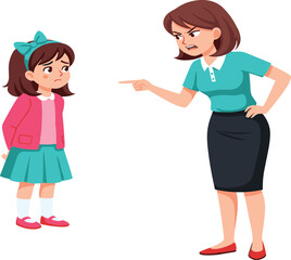 Mother scolding young daughter with stern expression, pointing finger, emotional parenting moment, cartoon vector illustration for education, discipline and family guidance themes